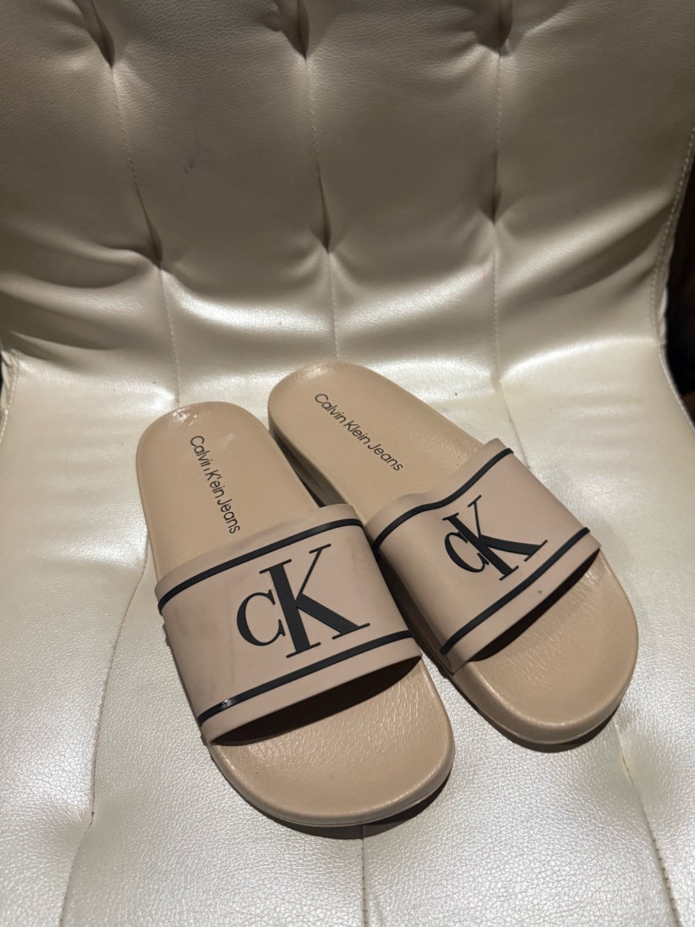 Calvin Klein Jeans Beige Nude CK Logo Slide Sandals